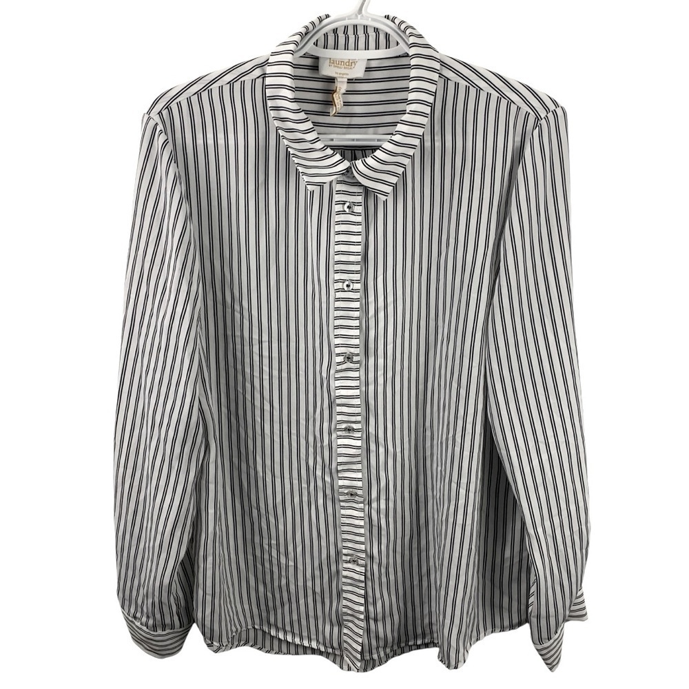 Laundry by Shelli Segal sz L Black White Striped Silky Blouse Top Career Office